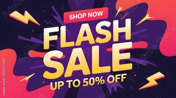 Fototapeta Colorful graphic design advertising a Flash Sale with up to 50% off featuring stylized lightning bolts and abstract shapes.