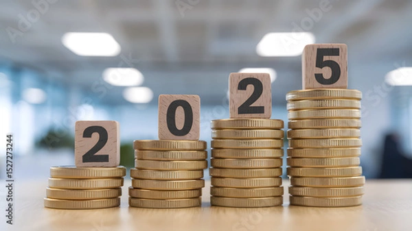 Fototapeta Stacks of coins with increasing heights supporting wooden blocks forming the numbers 2025 suggesting growth over time.