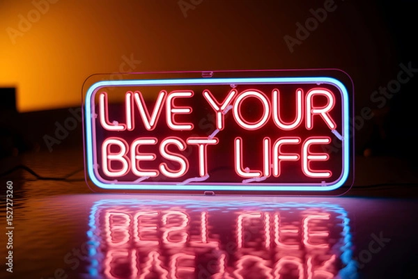 Fototapeta Neon sign displaying Live Your Best Life glows brightly reflected on a glossy surface in a warm inviting atmosphere.