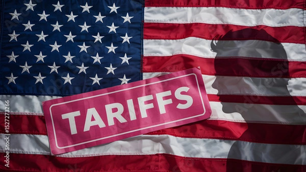 Fototapeta An American flag backdrop with a Tariffs sign and the silhouette of a person symbolizing potential economic impact.