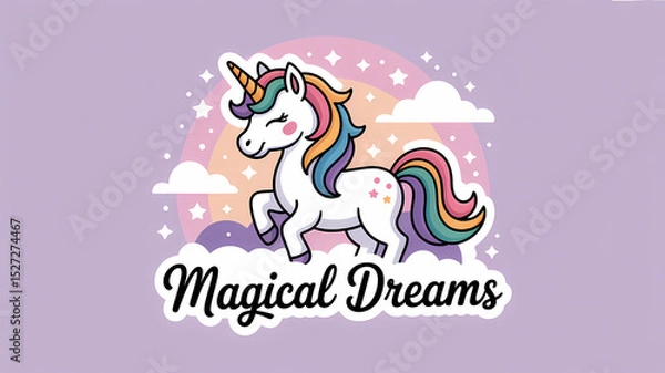 Fototapeta Whimsical Flat Design Sticker of a Unicorn with Rainbow Mane on Clouds and Stars, Text Reads "Magical Dreams"