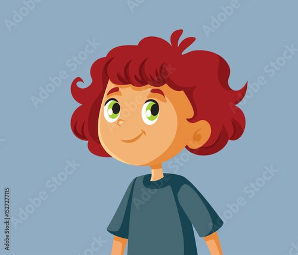 Fototapeta Little Boy with Red Hair Smiling Friendly Vector Cartoon. Funny portrait of a little preschool child feeling joyful
