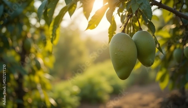 Fototapeta "Mango Tree with Fruit at Farm – Sunlit Background with Soft Blur for Natural and Agricultural Designs"