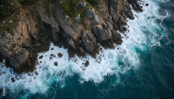 Fototapeta "Dramatic Overhead View of Rugged Coastline with Rocks and Crashing Waves – Nature Background"