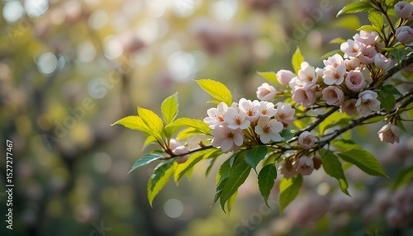 Fototapeta "Springtime Chestnut Tree in Bloom – Vibrant Green Leaves and Flowers with Soft Bokeh Background for Panoramic Views"