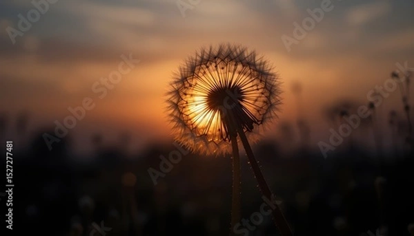 Fototapeta "Dandelion at Sunset – Silhouette of Fluffy Flower Against Sky Symbolizing Freedom and Wishes"