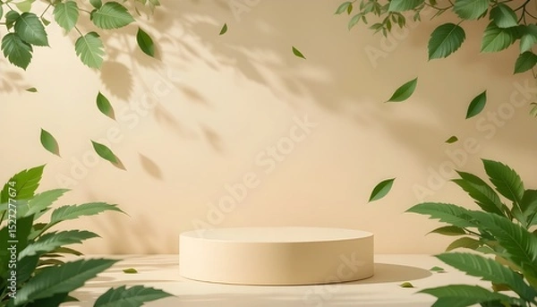 Fototapeta "Cosmetic Product Background – Beige Paper Podium with Falling Green Leaves in 3D Rendering"