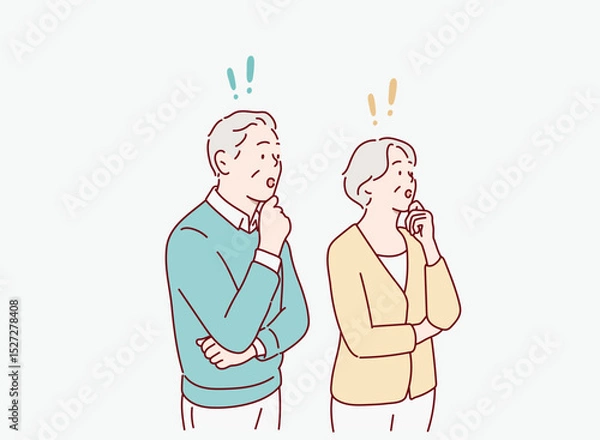 Fototapeta Elderly Couple Understanding and Solving a Problem. Exclamation mark. Hand drawn style vector design illustrations.
