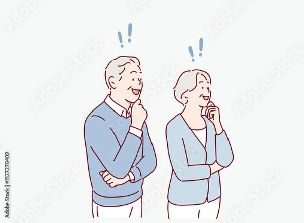 Fototapeta Elderly Couple Understanding and Solving a Problem. Exclamation mark. Hand drawn style vector design illustrations.