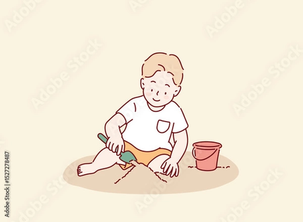 Fototapeta Child Playing with a Shovel in the Playground. Hand drawn style vector design illustrations.