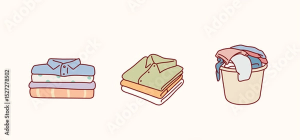 Fototapeta Stack of clean, ironed and dirty items of clothing. Set of folded multicolored clothes, apparel and garments, including sweaters, plaid, shirts, blanket. Hand drawn style vector design illustrations.