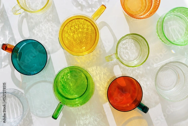 Obraz Colored Glasses pattern with shadow and sunlight reflection on white background, minimal aesthetic top view summer still life, refraction at shine drink, caustic effect, orange blue glass cups