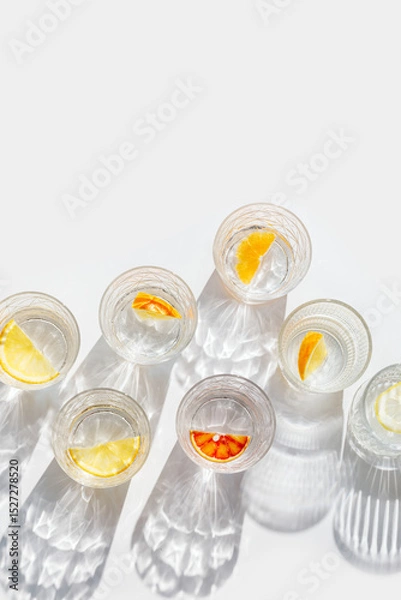 Obraz Crystal glasses with citrus slices in water on white background with reflections at sunlight, modern, minimalist composition with clear glass cups filled with water and citrus fruit, as lemon, orange