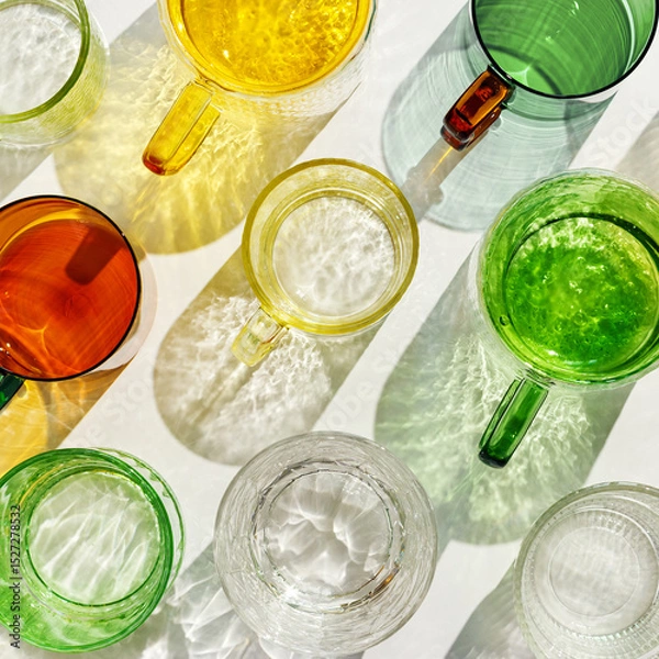 Obraz Colorful glowing glass cups on white background, casting artistic light reflections and shadows in natural sunlight. Summer drink concept, minimal trend pattern of transparent glasses, caustics
