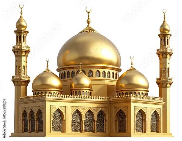 Obraz Traditional Middle Eastern mosque with golden dome and twin minarets, side angle, isolated PNG