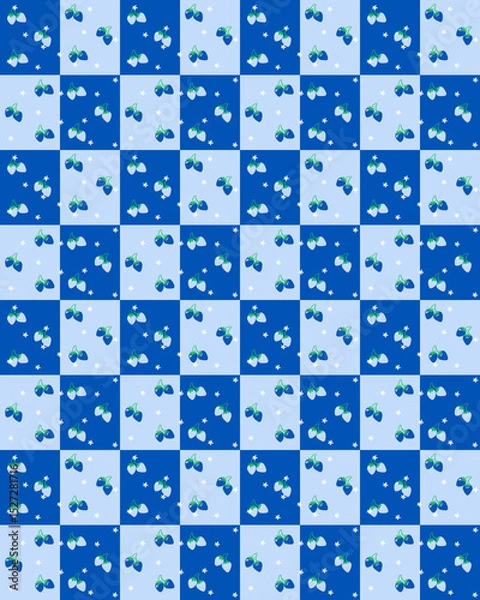 Obraz Seamless blue strawberry pattern vector illustration with chess pattern for wallpaper background or template. cute hand draw for wrapping or mockup