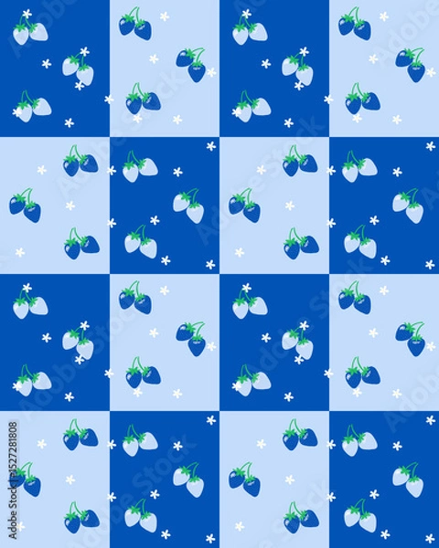 Obraz Seamless blue strawberry pattern vector illustration with chess pattern for wallpaper background or template. cute hand draw for wrapping or mockup