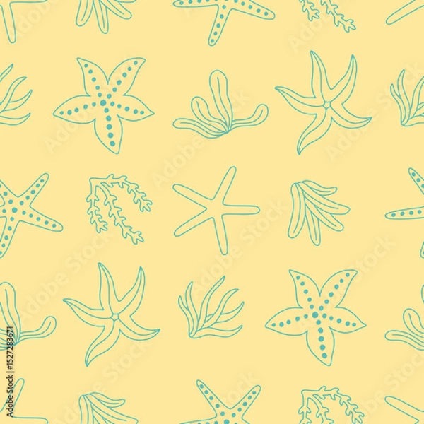 Obraz Outline Starfish Animal Seaweed Pattern Vector Illustration Seamless for Background Wallpaper Packaging
