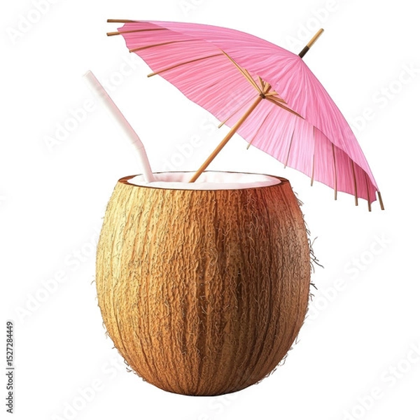 Fototapeta Refreshing coconut drink with creamy milk and pink parasol summer tropical beverage in brown coconut shell perfect for hot on transparent background