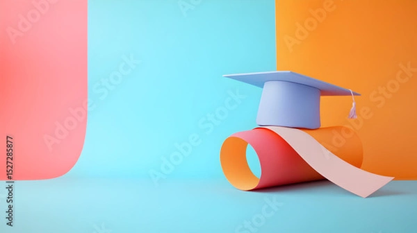 Fototapeta un birrete de graduacion sobre un diploma sobre un fondo colorido con espacio de copia fin de cursos termino del curso o de clases escolares