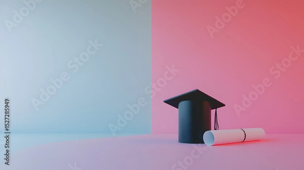 Fototapeta fondo colorido con espacio de copia con un birrete y un pergamino enrollado o diploma concepto de graduacion fin de cursos o termino de clases escolares