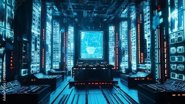 Fototapeta Futuristic control room with neon lights and advanced technology, a cybernetic command center
