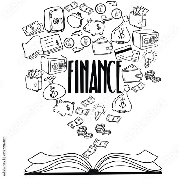 Fototapeta Doodle finance good for background. Financial and business icons vector set. Money, business, finance and charts, infographics, goal, communication and success. Vector illustration.