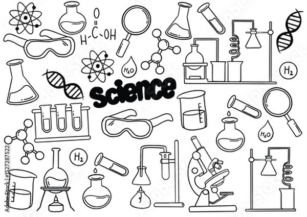 Fototapeta Set of laboratory equipment in black and white outlined doodle style. Hand drawn childish chemistry and science icons set. Elements, formulas, test-tube. Vector hand drawn Science Doodle Elements
