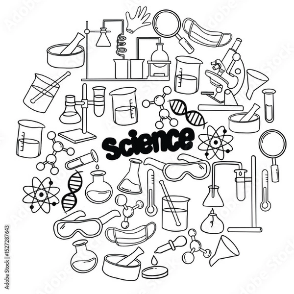 Fototapeta Set of laboratory equipment in black and white outlined doodle style. Hand drawn childish chemistry and science icons set. Elements, formulas, test-tube. Vector hand drawn Science Doodle Elements
