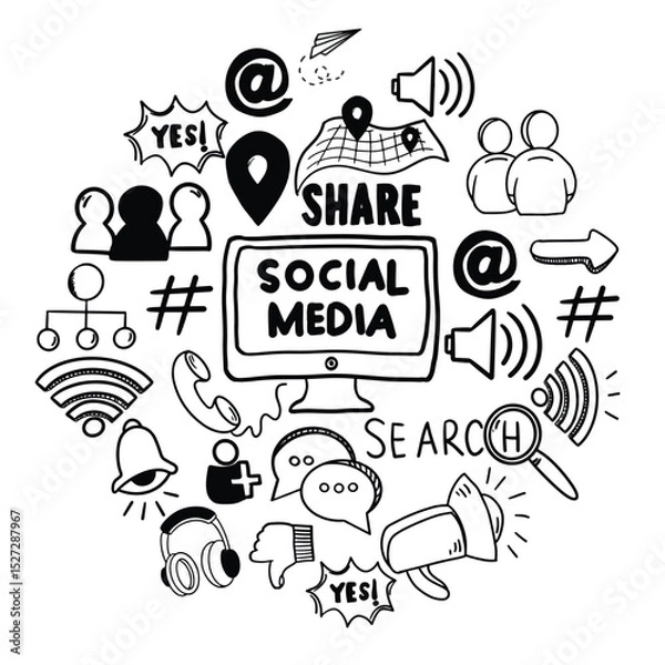 Fototapeta Social media doodle set. Social media hand drawn vector doodles. Hand drawn set of social media sign and symbol doodles elements. Isolated on white background