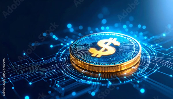 Fototapeta A digital coin with a dollar symbol is illuminated against a blue background, featuring intricate circuit patterns that suggest technology and finance