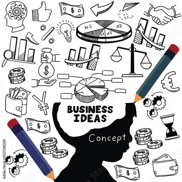 Fototapeta Business idea and business plan vector doodles. Set of business doodle elements made in vector. Idea, businessman, creative thinking, progress, graphs and all other kinds of business related elements
