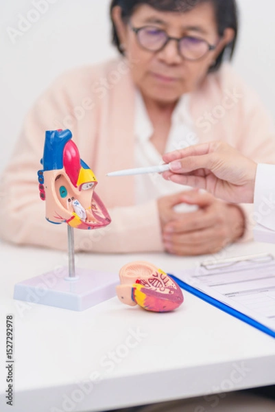 Fototapeta Doctor with Heart anatomy model. Elderly Patient consultation medical health for Cardiovascular Diseases, Atherosclerosis, Hypertensive, Heart attack, heart failure and world Heart day concept