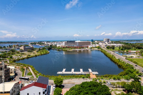 Fototapeta Aerial view of Historic Waterview Park in Anping District, Tainan, Taiwan