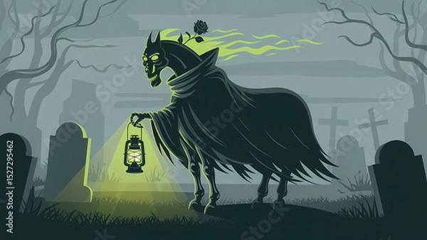 Fototapeta Flat Design Illustration of a Dullahan in a Misty Graveyard Holding a Lantern with a Black Rose on Its Neck