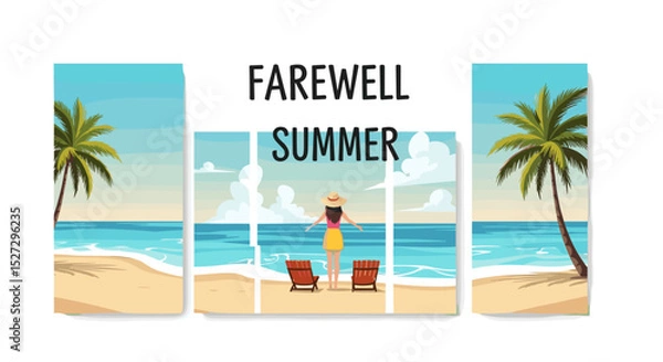 Obraz Farewell summer beach scene with woman, palm trees, ocean, chairs, and text in a triptych format scene