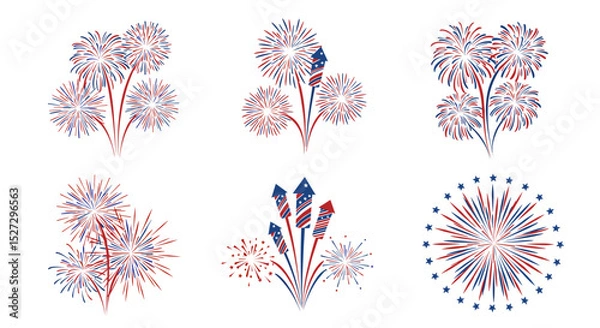 Obraz Illustration of six clusters of red white and blue fireworks on a white background display design