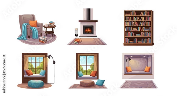 Obraz Collection of cozy interior scenes featuring armchairs fireplaces and window reading nooks with books