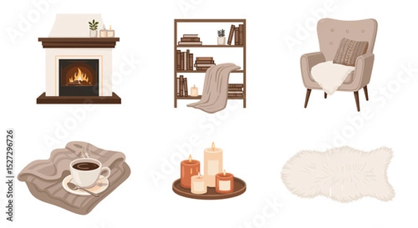 Obraz Illustration of a cozy living room interior with fireplace bookshelf armchair and other objects
