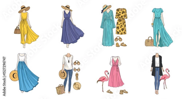 Obraz Illustration showing various summer outfits including dresses jeans and accessories displayed together