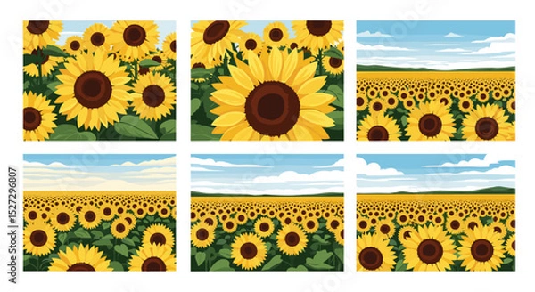 Obraz Collection of sunflower fields under a bright sky in various perspectives and arrangements of the flowers