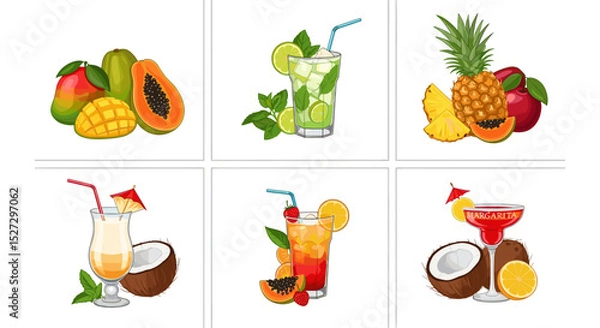 Obraz Illustration of tropical fruit arrangements and cocktails in a vibrant and colorful style design