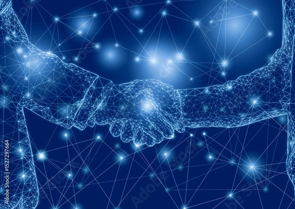 Fototapeta Businesspeople shaking hands symbolize cooperation and the confirmation of a business agreement, with lines representing technology.
