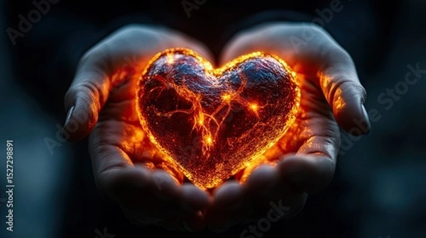 Fototapeta Glowing human heart held gently in open hands
