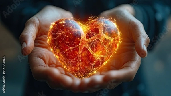 Fototapeta Glowing human heart held gently in open hands
