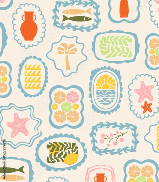 Obraz Modern abstract summer poster in sketch doodle style with hand drawn. Trendy design for cards, wall art, ads, print, decor, branding. Amalfi, Italian sea coast hand drawn icons. Summer sea vacation.