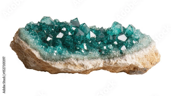 Fototapeta Raw dioptase chunk with intense emerald green crystals, Transparent background, PNG file