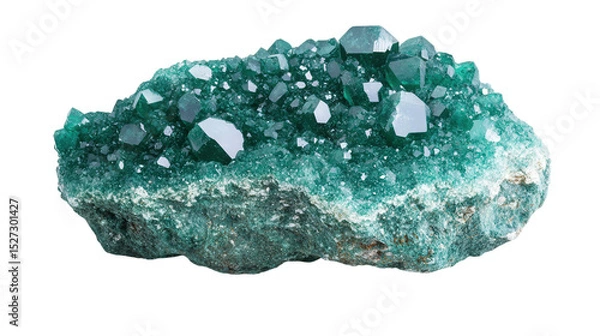 Fototapeta Raw dioptase chunk with intense emerald green crystals, Transparent background, PNG file