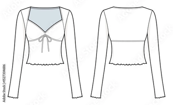 Fototapeta Sweetheart Neck Lettuce Trim Knotted Drawstring Top Technical Fashion Illustration. Fitted Long Sleeve Women’s Top Vector Template. Adjustable Front Tie. Front and Back View. CAD Mockup Set.