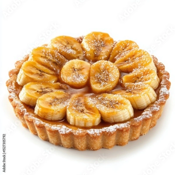 Fototapeta A different delicious caramel sweets dessert, a delicate caramelized banana tart, featuring thinly sliced caramel-